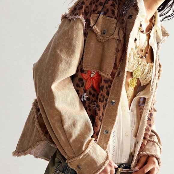 Brown Casual Women's Boho Leopard floral Print Jacket - Picture 3 of 7